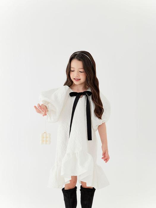 FW BLACK VELVET RIBBON DRESS - WHITE