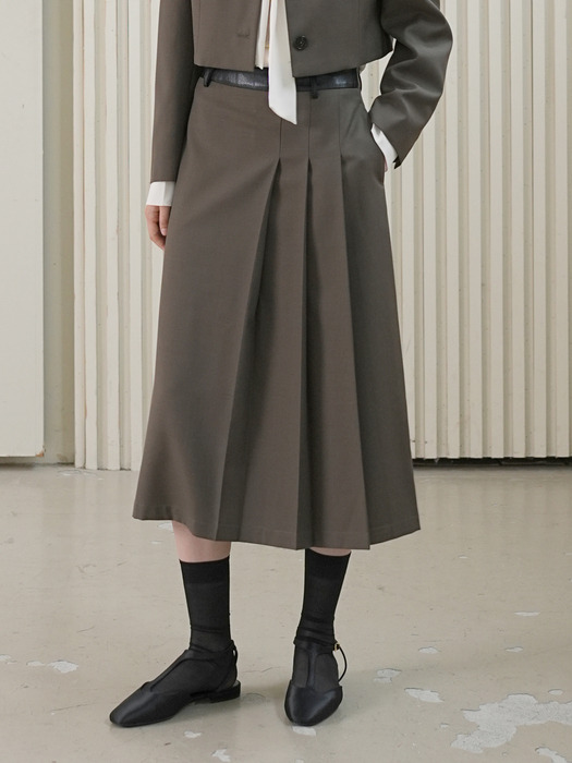 LEATHER BAND WOOL SKIRT / BROWN