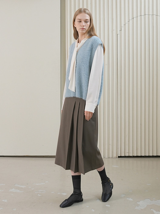 LEATHER BAND WOOL SKIRT / BROWN