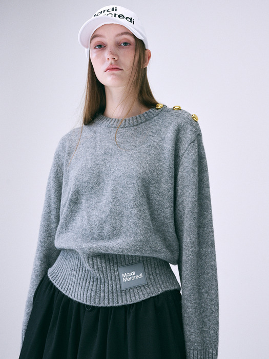 GOLD BUTTON SHOULDER KNIT PULLOVER_MELANGE GREY