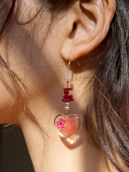red flower heart drop earrings