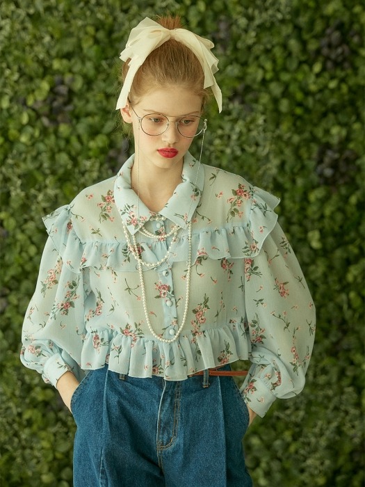 Printed Floral Frilly Chiffon Blouse 
