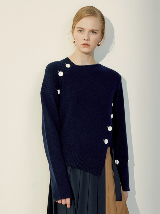 Navy Asymmetric Cashmere Blended Wool Sweater 