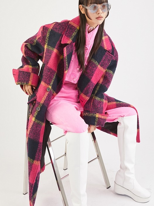 Mohair check coat_Pink
