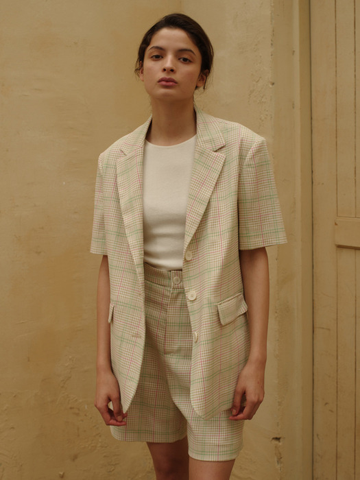 BEIGE CHECK JAKI HALF SLEEVE JACKET (베이지 체크 쟈키 하프 반팔 자켓)