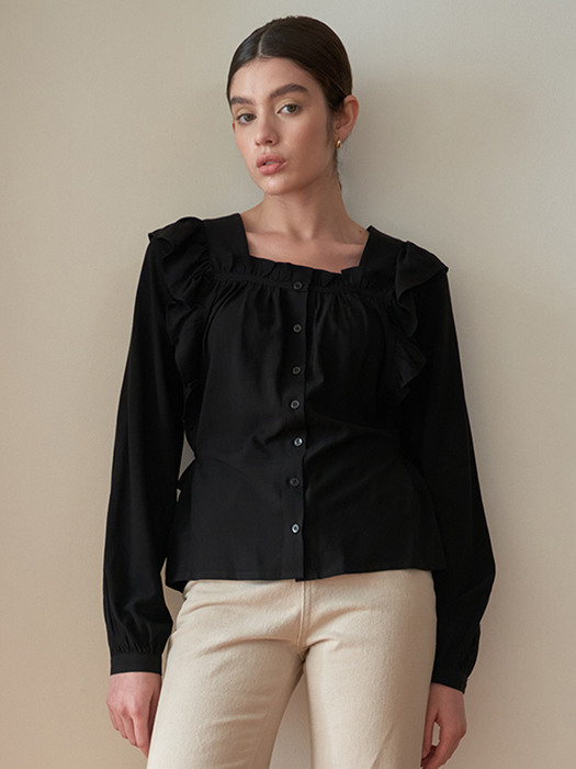 TENCEL RUFFLE TRIMMED BLOUSE _BLACK