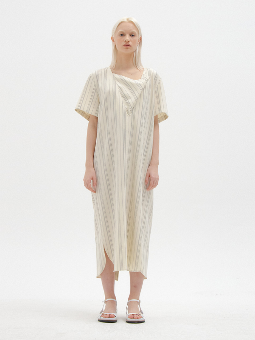 STACEY Short Sleeve Dress - Light Beige Stripe