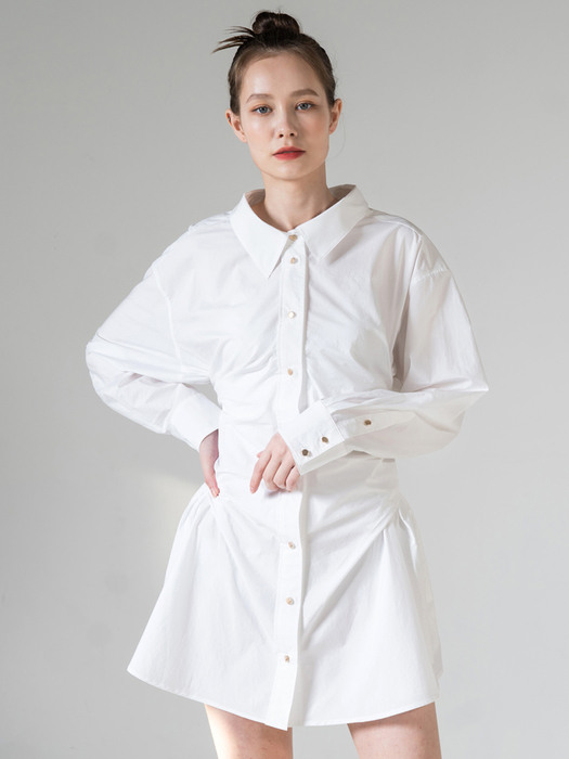 shirring waist mini shirt dress in white