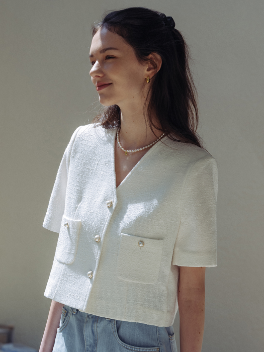 Collarless pearl button summer tweed jacket_White