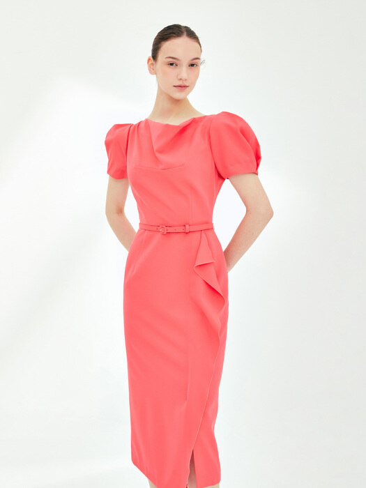 PANDORA Cowl neck ruffle detail H-line dress (Coral red)