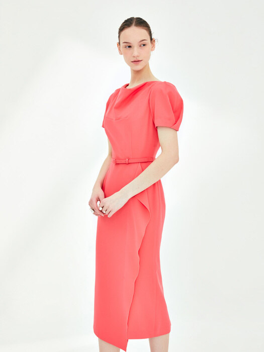 PANDORA Cowl neck ruffle detail H-line dress (Coral red)