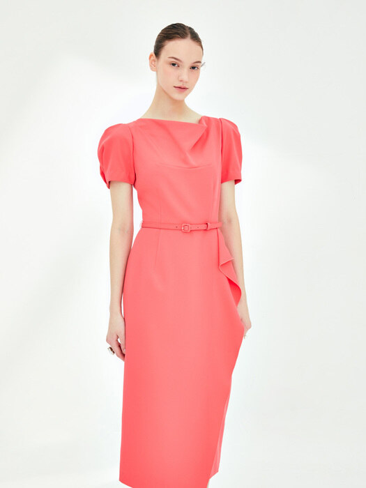 PANDORA Cowl neck ruffle detail H-line dress (Coral red)