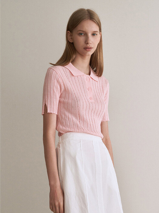 Ribbed button half sleeve knit - pink