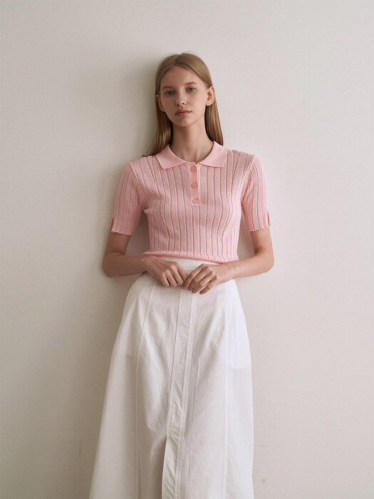 Ribbed button half sleeve knit - pink