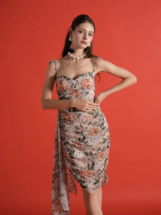 Flower Shirring Unbalance dress