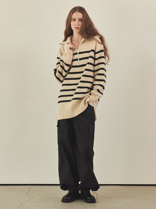 Long Half Zip Up Raccoon Wool Knit Black Stripe