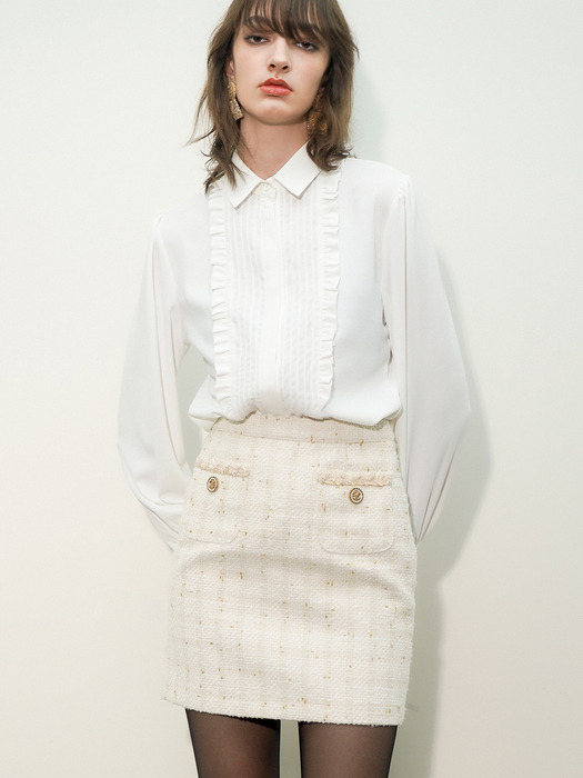 Metallic-Button Boucle Mini Skirt(White)_UWS-FS18