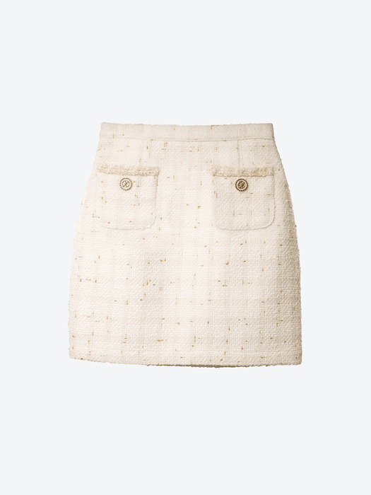 Metallic-Button Boucle Mini Skirt(White)_UWS-FS18