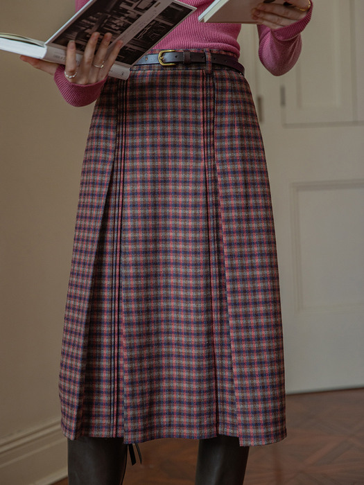 EUNICE woolen plaid a-line skirt_pink brown check