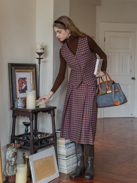 EUNICE woolen plaid a-line skirt_pink brown check