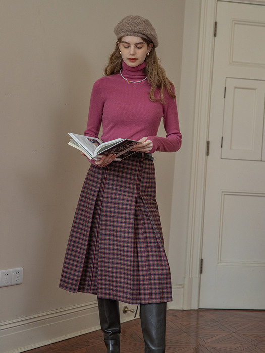 EUNICE woolen plaid a-line skirt_pink brown check