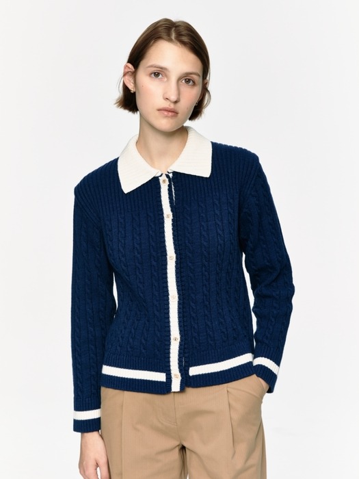 color cable mix cardigan - navy