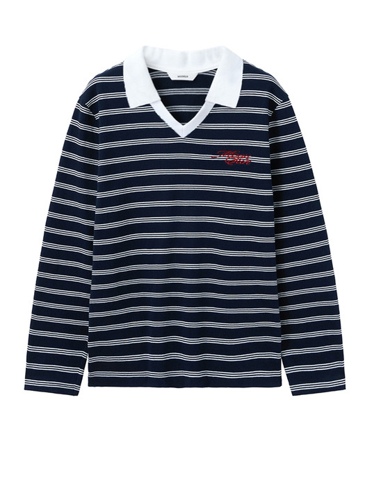 UNISEX, Stripe V Neck Rugby Shirts / Navy