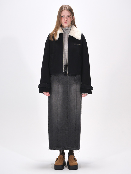 Fur Collar Wool Coat, Black
