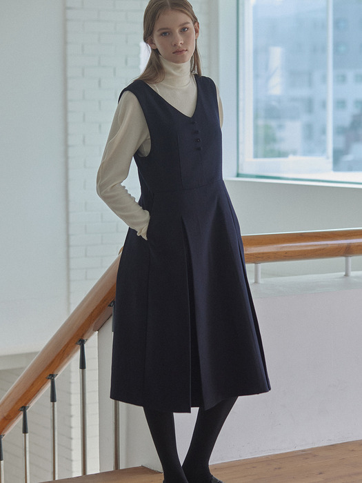 Wool Blend Pleats Dress - Navy