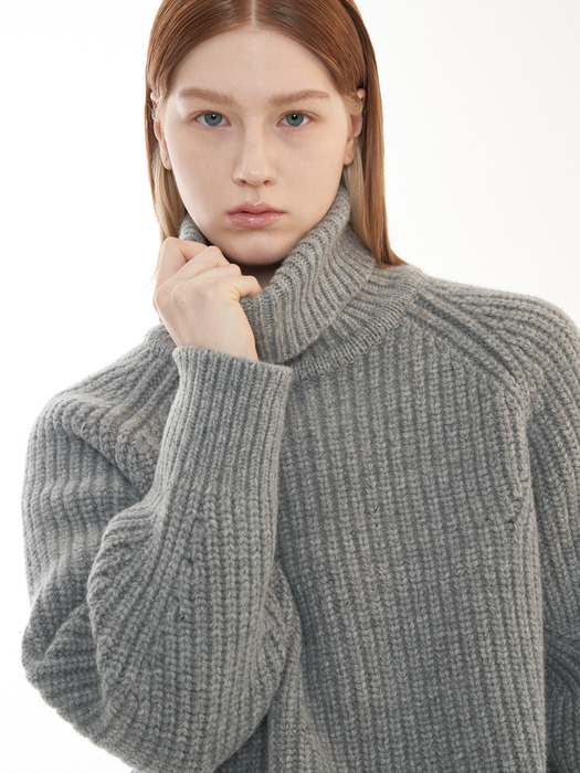 Turtleneck Cropped Knit Pullover_Melange Grey