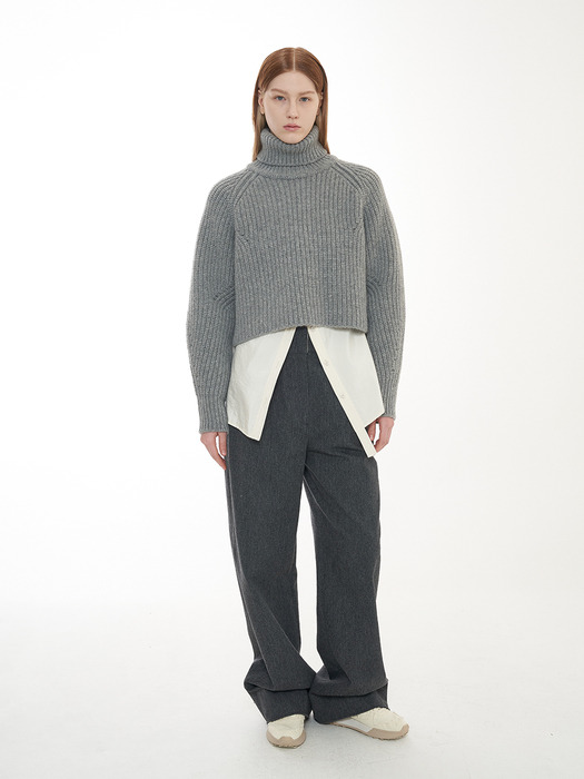 Turtleneck Cropped Knit Pullover_Melange Grey