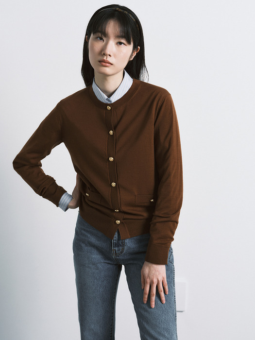 WOOL GOLD BUTTON CARDIGAN_BROWN