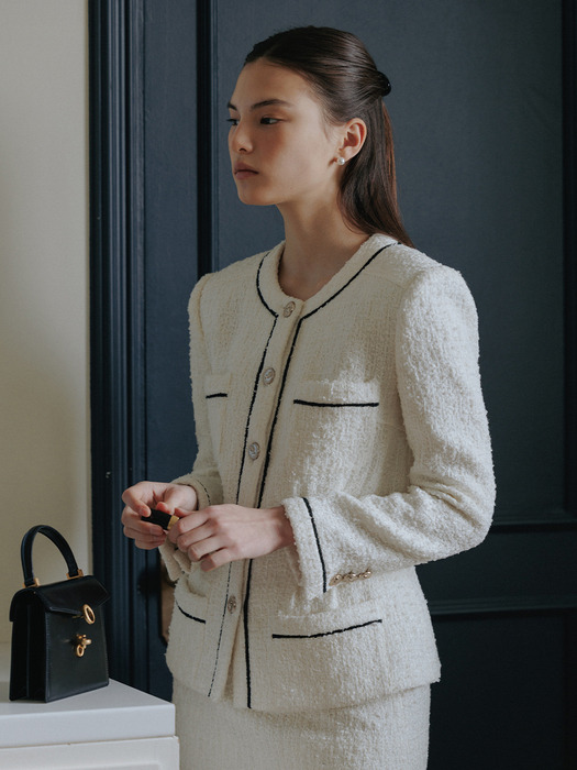 [SET]CAMERON Tuck detailed round neck tweed jacket + ELSA Semi A-line tweed mini skirt (Ivory)