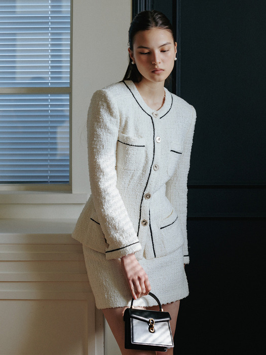[SET]CAMERON Tuck detailed round neck tweed jacket + ELSA Semi A-line tweed mini skirt (Ivory)