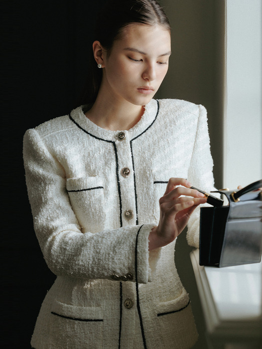 [SET]CAMERON Tuck detailed round neck tweed jacket + ELSA Semi A-line tweed mini skirt (Ivory)