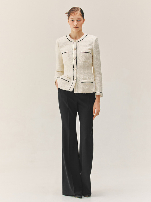 [SET]CAMERON Tuck detailed round neck tweed jacket + ELSA Semi A-line tweed mini skirt (Ivory)