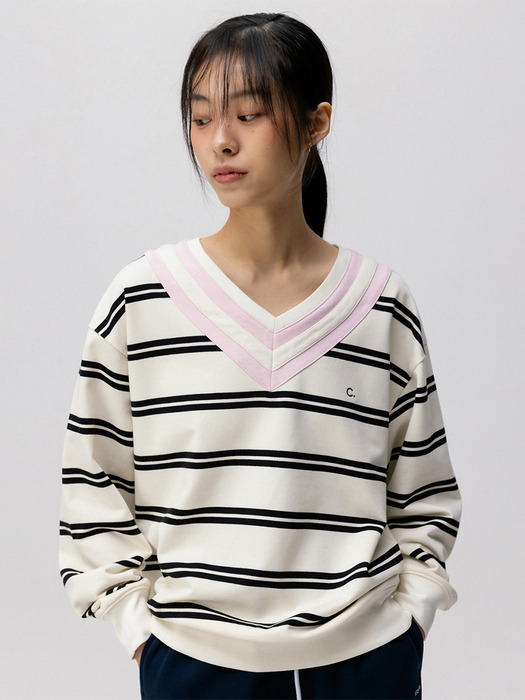 [24SS clove] Stripe V-neck Sweatshirt (Ivory)