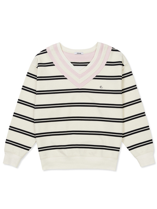 [24SS clove] Stripe V-neck Sweatshirt (Ivory)