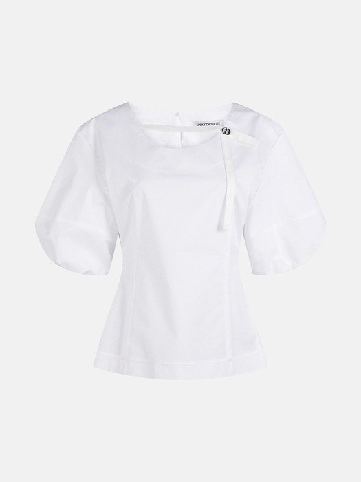 U-neck Slim Fit Short-Sleeved Cotton Blouse_LFSAM24360WHX