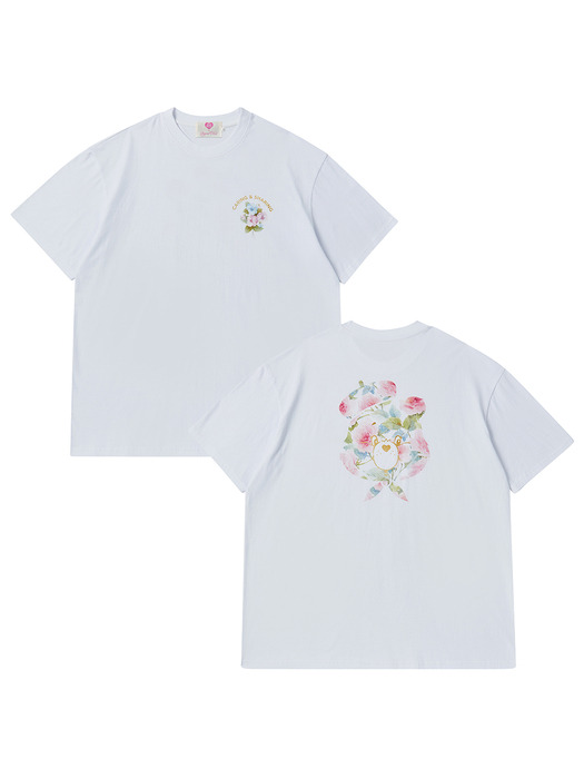 플로럴 케어베어 오버핏 반팔 티셔츠 화이트