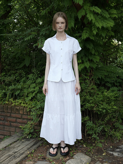 NANA TIERED COTTON NYLON SHIRRING LONG SKIRT (WHITE)