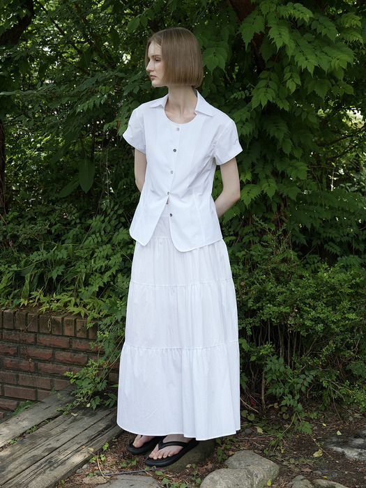 NANA TIERED COTTON NYLON SHIRRING LONG SKIRT (WHITE)