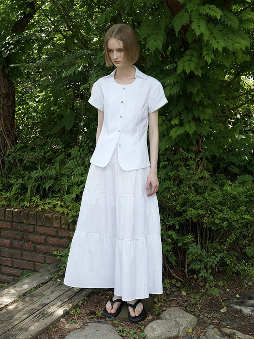 NANA TIERED COTTON NYLON SHIRRING LONG SKIRT (WHITE)