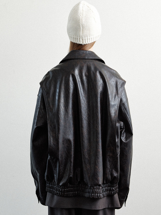 [단독] oversized crack faux leather blouson (dark brown)