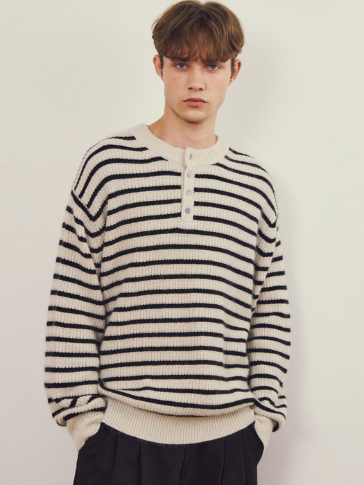 Always Hairy Stripe HenleyNeck Wool Knit 2COLOR