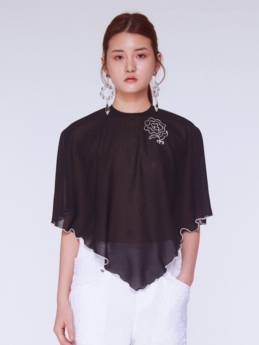 Flower Embroidery Cape Blouse [BLACK]