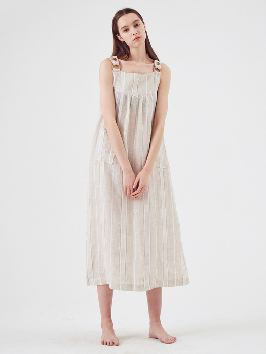 Wooden Ring Linen Dress [Light Beige/Charcoal]