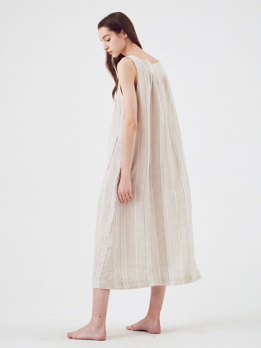 Wooden Ring Linen Dress [Light Beige/Charcoal]