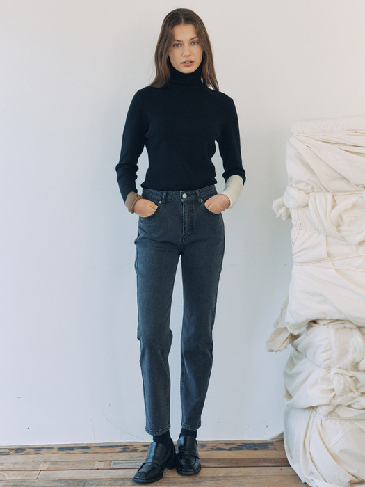 [FRONTROW x RePLAIN] Color-Block Cashmere Blend Turtleneck + Mid-rise Straight Jeans_Grey SET 