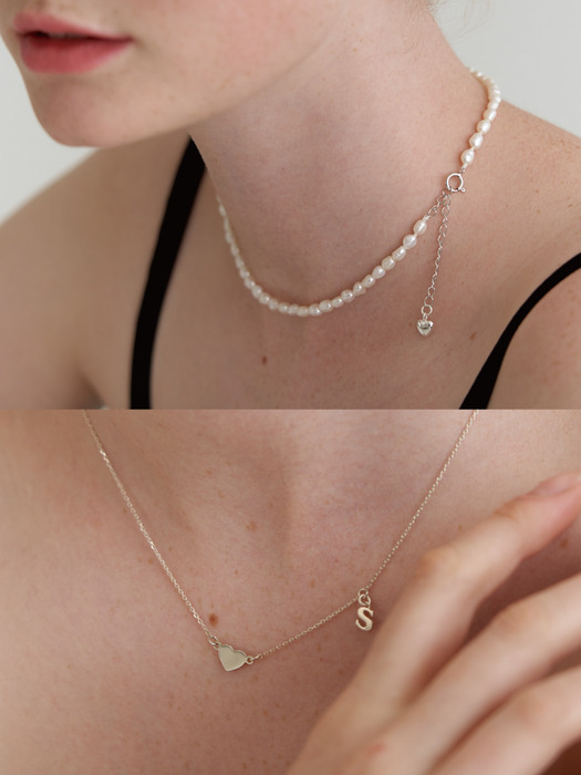 [단독][2 SET] initial and heart necklace + smooth pearl necklace